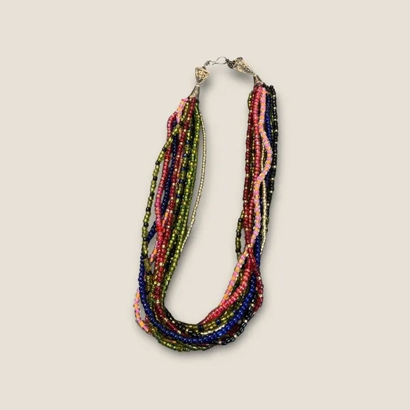 Multi Strand Multi Colored Vintage Beaded Sterling Necklace - Picture 4 of 6